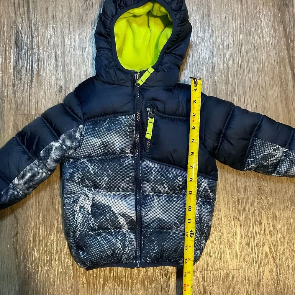 SNOZU KIDS BOYS PUFFER FLEECE LINED SKI JACKET 2T HOODED WINTER COAT BLUE YELLOW